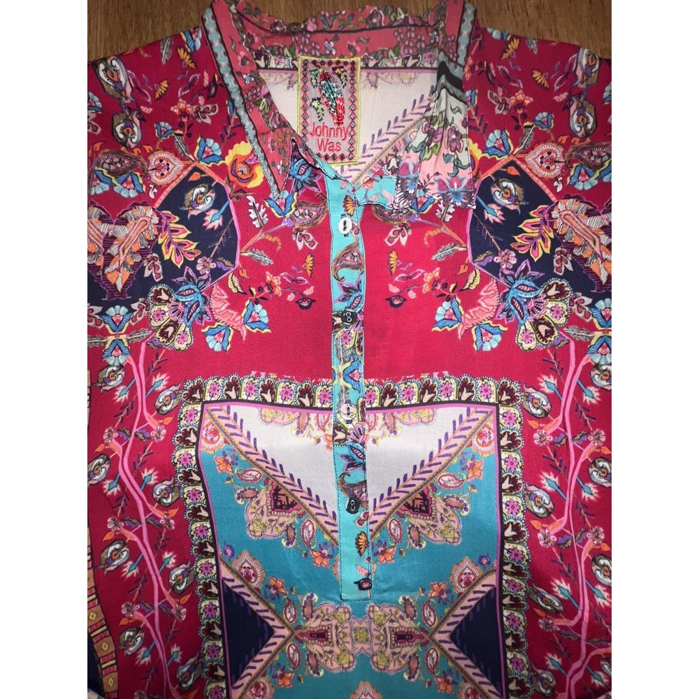 Johnny Was Floral Blouse Meco Scarf Print Tunic Handkerchief Hem Size S Boho NWT - Picture 9 of 16